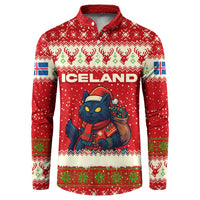 Iceland Christmas Button Sweatshirt with Red Snowflake Pattern Yule Cat and National Coat of Arms Motif - Wonder Print Shop