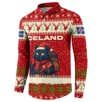 Iceland Christmas Button Sweatshirt with Red Snowflake Pattern Yule Cat and National Coat of Arms Motif - Wonder Print Shop
