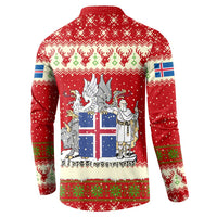 Iceland Christmas Button Sweatshirt with Red Snowflake Pattern Yule Cat and National Coat of Arms Motif - Wonder Print Shop