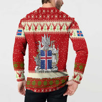 Iceland Christmas Button Sweatshirt with Red Snowflake Pattern Yule Cat and National Coat of Arms Motif - Wonder Print Shop