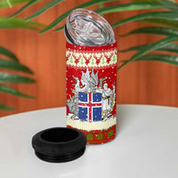 Iceland Christmas 4 in 1 Can Cooler Tumbler with Red Snowflake Pattern Yule Cat and National Coat of Arms Motif - Wonder Print Shop