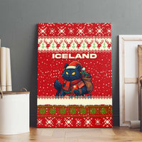 Iceland Christmas Canvas Wall Art with Red Snowflake Pattern Yule Cat and National Coat of Arms Motif - Wonder Print Shop