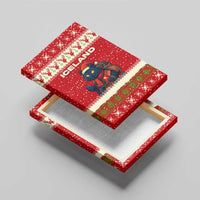 Iceland Christmas Canvas Wall Art with Red Snowflake Pattern Yule Cat and National Coat of Arms Motif - Wonder Print Shop