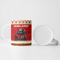 Iceland Christmas Ceramic Mug with Red Snowflake Pattern Yule Cat and National Coat of Arms Motif - Wonder Print Shop