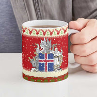 Iceland Christmas Ceramic Mug with Red Snowflake Pattern Yule Cat and National Coat of Arms Motif - Wonder Print Shop