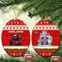 Iceland Christmas Ceramic Ornament with Red Snowflake Pattern Yule Cat and National Coat of Arms Motif - Wonder Print Shop