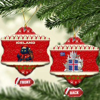 Iceland Christmas Ceramic Ornament with Red Snowflake Pattern Yule Cat and National Coat of Arms Motif - Wonder Print Shop
