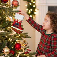 Iceland Christmas Stocking with Red Snowflake Pattern Yule Cat and National Coat of Arms Motif - Wonder Print Shop