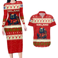 Iceland Christmas Couples Matching Long Sleeve Bodycon Dress and Hawaiian Shirt with Red Snowflake Pattern Yule Cat and National Coat of Arms Motif - Wonder Print Shop
