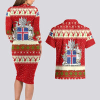 Iceland Christmas Couples Matching Long Sleeve Bodycon Dress and Hawaiian Shirt with Red Snowflake Pattern Yule Cat and National Coat of Arms Motif - Wonder Print Shop