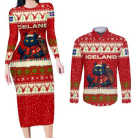 Iceland Christmas Couples Matching Long Sleeve Bodycon Dress and Long Sleeve Button Shirt with Red Snowflake Pattern Yule Cat and National Coat of Arms Motif - Wonder Print Shop