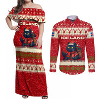 Iceland Christmas Couples Matching Off Shoulder Maxi Dress and Long Sleeve Button Shirt with Red Snowflake Pattern Yule Cat and National Coat of Arms Motif - Wonder Print Shop