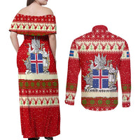 Iceland Christmas Couples Matching Off Shoulder Maxi Dress and Long Sleeve Button Shirt with Red Snowflake Pattern Yule Cat and National Coat of Arms Motif - Wonder Print Shop