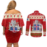 Iceland Christmas Couples Matching Off Shoulder Short Dress and Long Sleeve Button Shirt with Red Snowflake Pattern Yule Cat and National Coat of Arms Motif - Wonder Print Shop