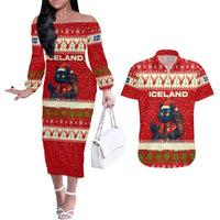 Iceland Christmas Couples Matching Off The Shoulder Long Sleeve Dress and Hawaiian Shirt with Red Snowflake Pattern Yule Cat and National Coat of Arms Motif - Wonder Print Shop