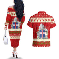 Iceland Christmas Couples Matching Off The Shoulder Long Sleeve Dress and Hawaiian Shirt with Red Snowflake Pattern Yule Cat and National Coat of Arms Motif - Wonder Print Shop