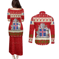 Iceland Christmas Couples Matching Puletasi and Long Sleeve Button Shirt with Red Snowflake Pattern Yule Cat and National Coat of Arms Motif - Wonder Print Shop