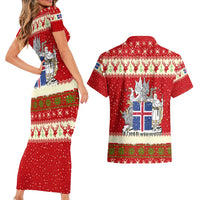 Iceland Christmas Couples Matching Short Sleeve Bodycon Dress and Hawaiian Shirt with Red Snowflake Pattern Yule Cat and National Coat of Arms Motif - Wonder Print Shop