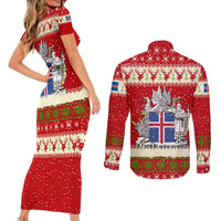 Iceland Christmas Couples Matching Short Sleeve Bodycon Dress and Long Sleeve Button Shirt with Red Snowflake Pattern Yule Cat and National Coat of Arms Motif - Wonder Print Shop