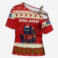 Iceland Christmas Cross Shoulder Shirt with Red Snowflake Pattern Yule Cat and National Coat of Arms Motif - Wonder Print Shop