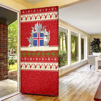 Iceland Christmas Door Cover with Red Snowflake Pattern Yule Cat and National Coat of Arms Motif - Wonder Print Shop