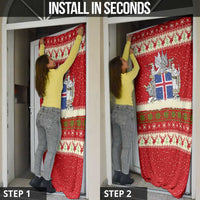 Iceland Christmas Door Cover with Red Snowflake Pattern Yule Cat and National Coat of Arms Motif - Wonder Print Shop