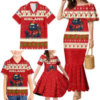 Iceland Christmas Family Matching Mermaid Dress and Hawaiian Shirt with Red Snowflake Pattern Yule Cat and National Coat of Arms Motif - Wonder Print Shop