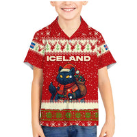 Iceland Christmas Family Matching Mermaid Dress and Hawaiian Shirt with Red Snowflake Pattern Yule Cat and National Coat of Arms Motif - Wonder Print Shop