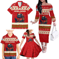 Iceland Christmas Family Matching Off The Shoulder Long Sleeve Dress and Hawaiian Shirt with Red Snowflake Pattern Yule Cat and National Coat of Arms Motif - Wonder Print Shop