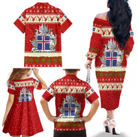Iceland Christmas Family Matching Off The Shoulder Long Sleeve Dress and Hawaiian Shirt with Red Snowflake Pattern Yule Cat and National Coat of Arms Motif - Wonder Print Shop