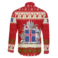 Iceland Christmas Family Matching Off The Shoulder Long Sleeve Dress and Hawaiian Shirt with Red Snowflake Pattern Yule Cat and National Coat of Arms Motif - Wonder Print Shop