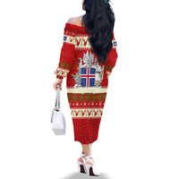 Iceland Christmas Family Matching Off The Shoulder Long Sleeve Dress and Hawaiian Shirt with Red Snowflake Pattern Yule Cat and National Coat of Arms Motif - Wonder Print Shop