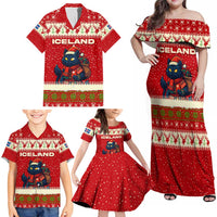 Iceland Christmas Family Matching Off Shoulder Maxi Dress and Hawaiian Shirt with Red Snowflake Pattern Yule Cat and National Coat of Arms Motif - Wonder Print Shop