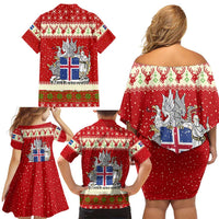 Iceland Christmas Family Matching Off Shoulder Short Dress and Hawaiian Shirt with Red Snowflake Pattern Yule Cat and National Coat of Arms Motif - Wonder Print Shop