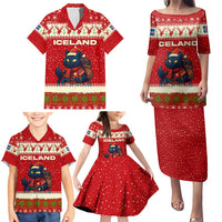Iceland Christmas Family Matching Puletasi and Hawaiian Shirt with Red Snowflake Pattern Yule Cat and National Coat of Arms Motif - Wonder Print Shop