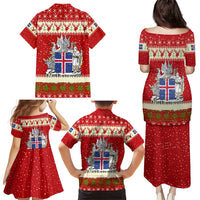 Iceland Christmas Family Matching Puletasi and Hawaiian Shirt with Red Snowflake Pattern Yule Cat and National Coat of Arms Motif - Wonder Print Shop