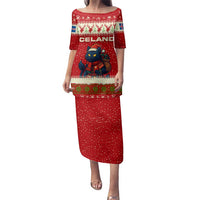 Iceland Christmas Family Matching Puletasi and Hawaiian Shirt with Red Snowflake Pattern Yule Cat and National Coat of Arms Motif - Wonder Print Shop