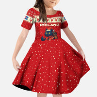 Iceland Christmas Family Matching Short Sleeve Bodycon Dress and Hawaiian Shirt with Red Snowflake Pattern Yule Cat and National Coat of Arms Motif - Wonder Print Shop