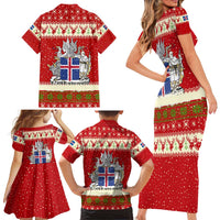 Iceland Christmas Family Matching Short Sleeve Bodycon Dress and Hawaiian Shirt with Red Snowflake Pattern Yule Cat and National Coat of Arms Motif - Wonder Print Shop