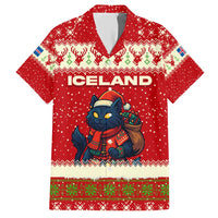 Iceland Christmas Family Matching Short Sleeve Bodycon Dress and Hawaiian Shirt with Red Snowflake Pattern Yule Cat and National Coat of Arms Motif - Wonder Print Shop