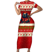 Iceland Christmas Family Matching Short Sleeve Bodycon Dress and Hawaiian Shirt with Red Snowflake Pattern Yule Cat and National Coat of Arms Motif - Wonder Print Shop
