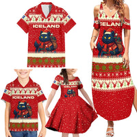 Iceland Christmas Family Matching Summer Maxi Dress and Hawaiian Shirt with Red Snowflake Pattern Yule Cat and National Coat of Arms Motif - Wonder Print Shop