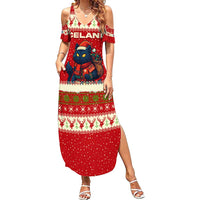 Iceland Christmas Family Matching Summer Maxi Dress and Hawaiian Shirt with Red Snowflake Pattern Yule Cat and National Coat of Arms Motif - Wonder Print Shop