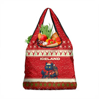 Iceland Christmas Grocery Bag with Red Snowflake Pattern Yule Cat and National Coat of Arms Motif - Wonder Print Shop