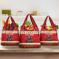 Iceland Christmas Grocery Bag with Red Snowflake Pattern Yule Cat and National Coat of Arms Motif - Wonder Print Shop