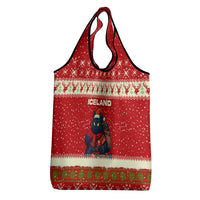 Iceland Christmas Grocery Bag with Red Snowflake Pattern Yule Cat and National Coat of Arms Motif - Wonder Print Shop