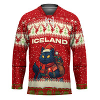 Iceland Christmas Hockey Jersey with Red Snowflake Pattern Yule Cat and National Coat of Arms Motif - Wonder Print Shop