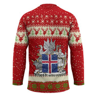 Iceland Christmas Hockey Jersey with Red Snowflake Pattern Yule Cat and National Coat of Arms Motif - Wonder Print Shop