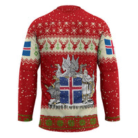 Iceland Christmas Hockey Jersey with Red Snowflake Pattern Yule Cat and National Coat of Arms Motif - Wonder Print Shop