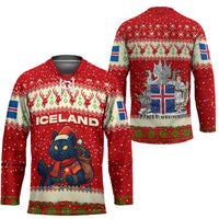 Iceland Christmas Hockey Jersey with Red Snowflake Pattern Yule Cat and National Coat of Arms Motif - Wonder Print Shop